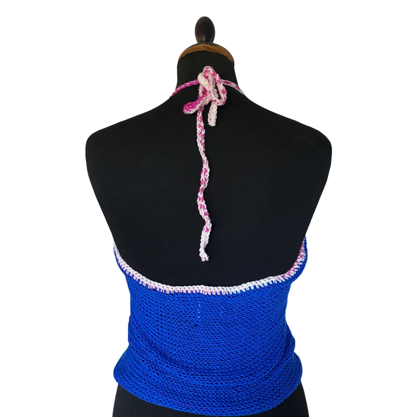 Royal blue halterneck knit top with pearls