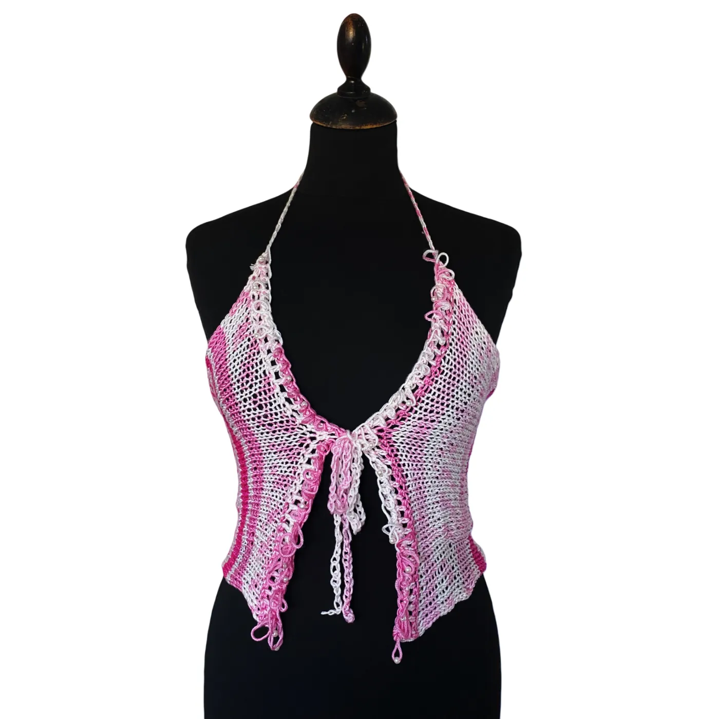 Pink and white knit top with pearls