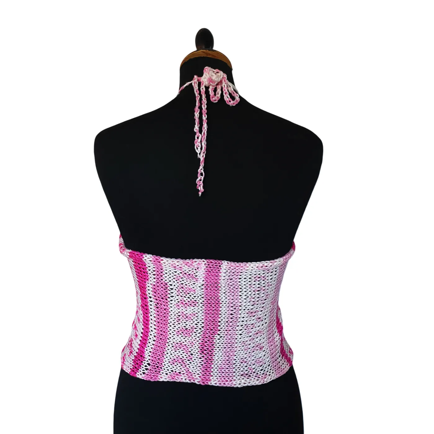 Pink and white knit top with pearls