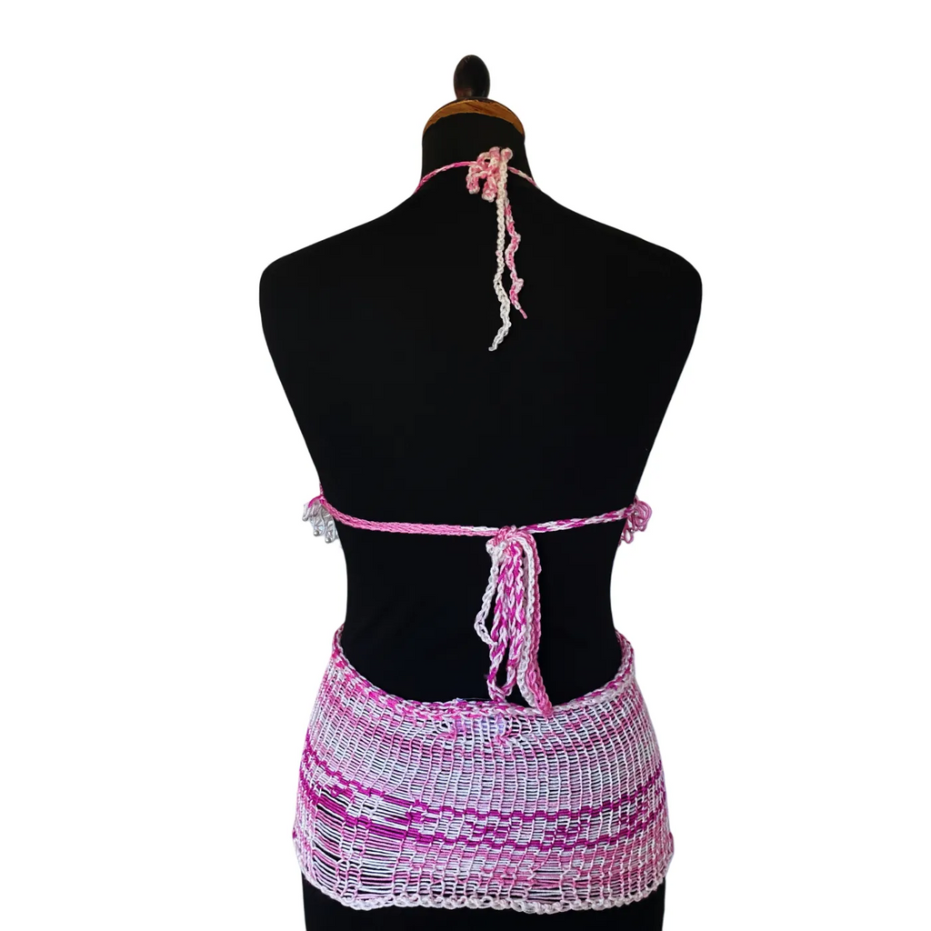 Pink and white crochet fishnet top with pearls