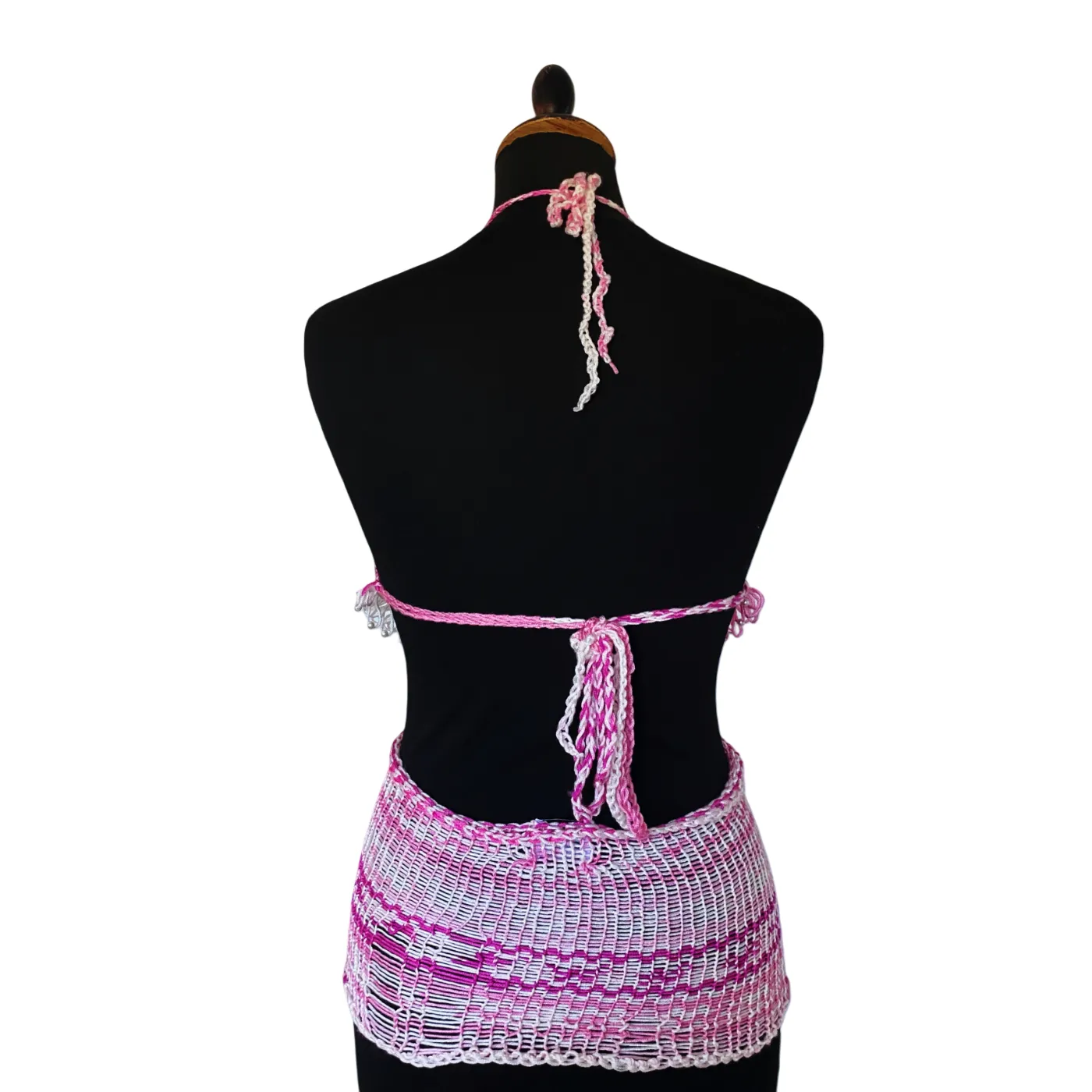 Pink and white crochet fishnet top with pearls