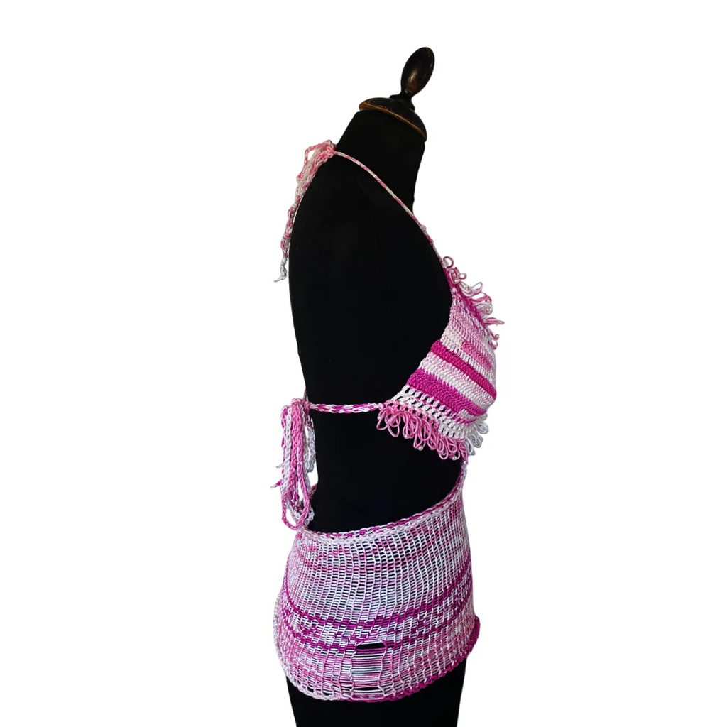 Pink and white crochet fishnet top with pearls