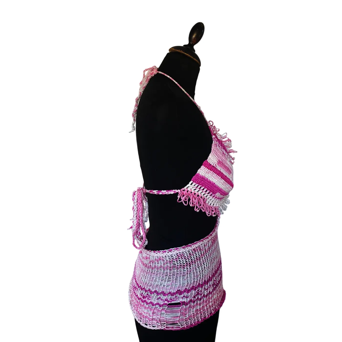 Pink and white crochet fishnet top with pearls
