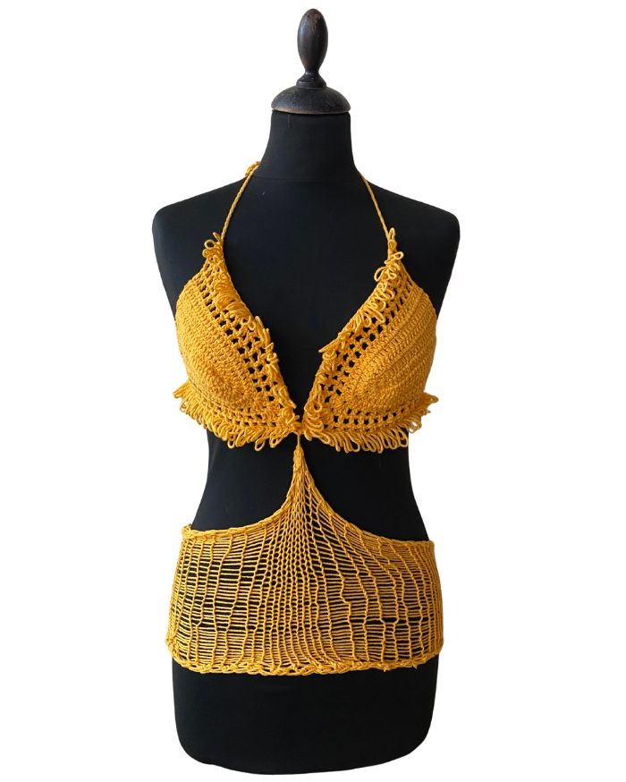 Yellow crochet bikini set on a black mannequin against a white background