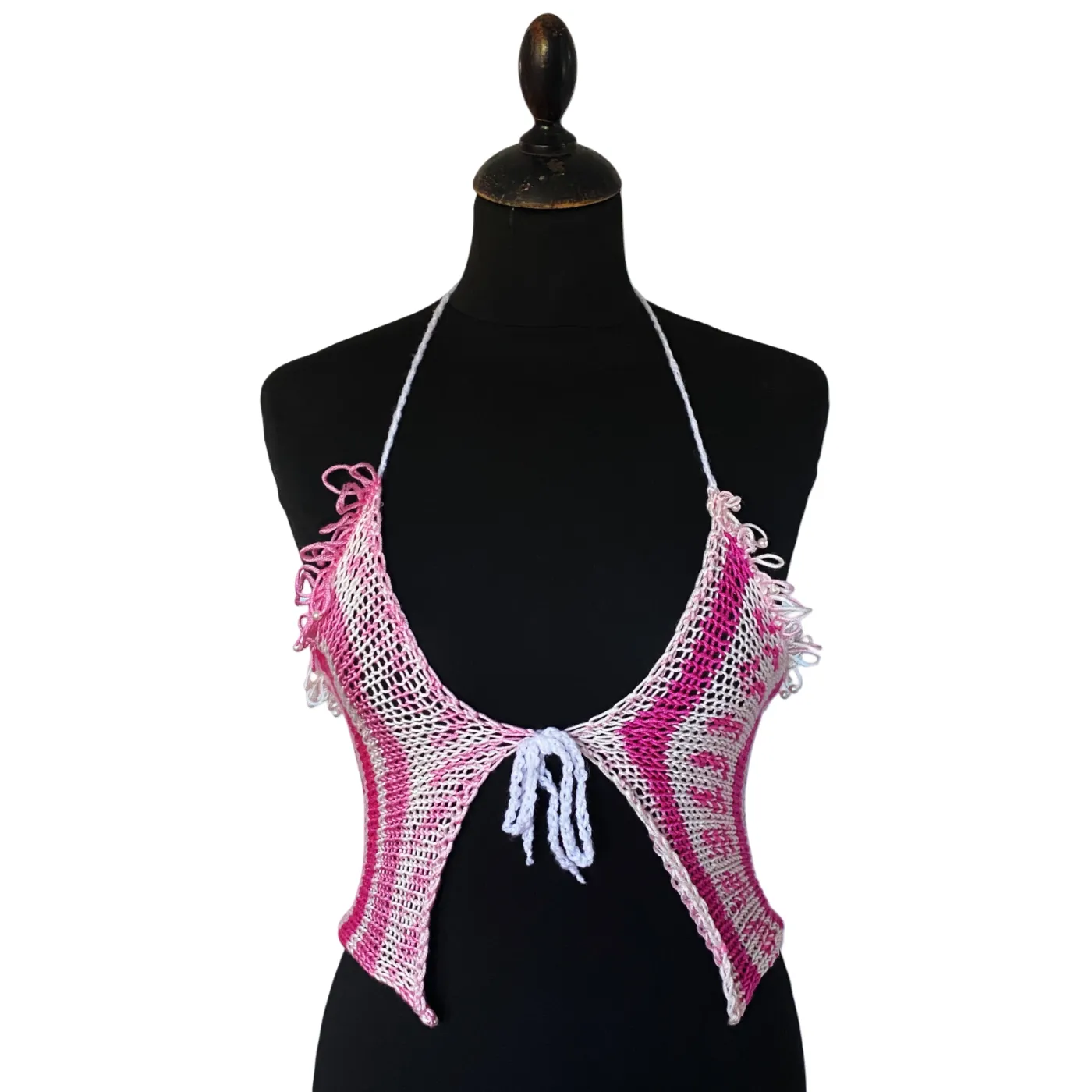Pink and white knit front tie halterneck top with pearls