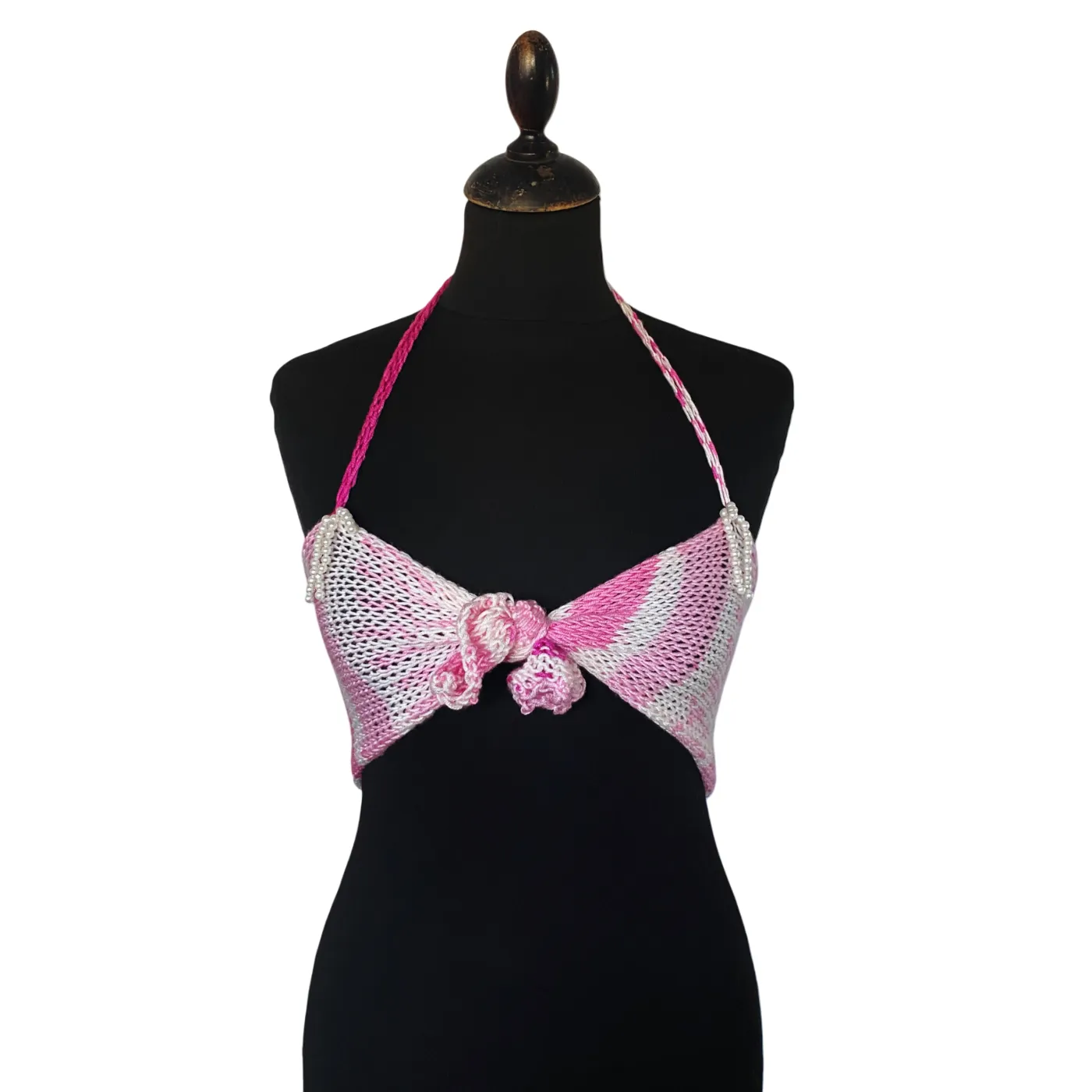 Pink and white knit front tie top with pearls