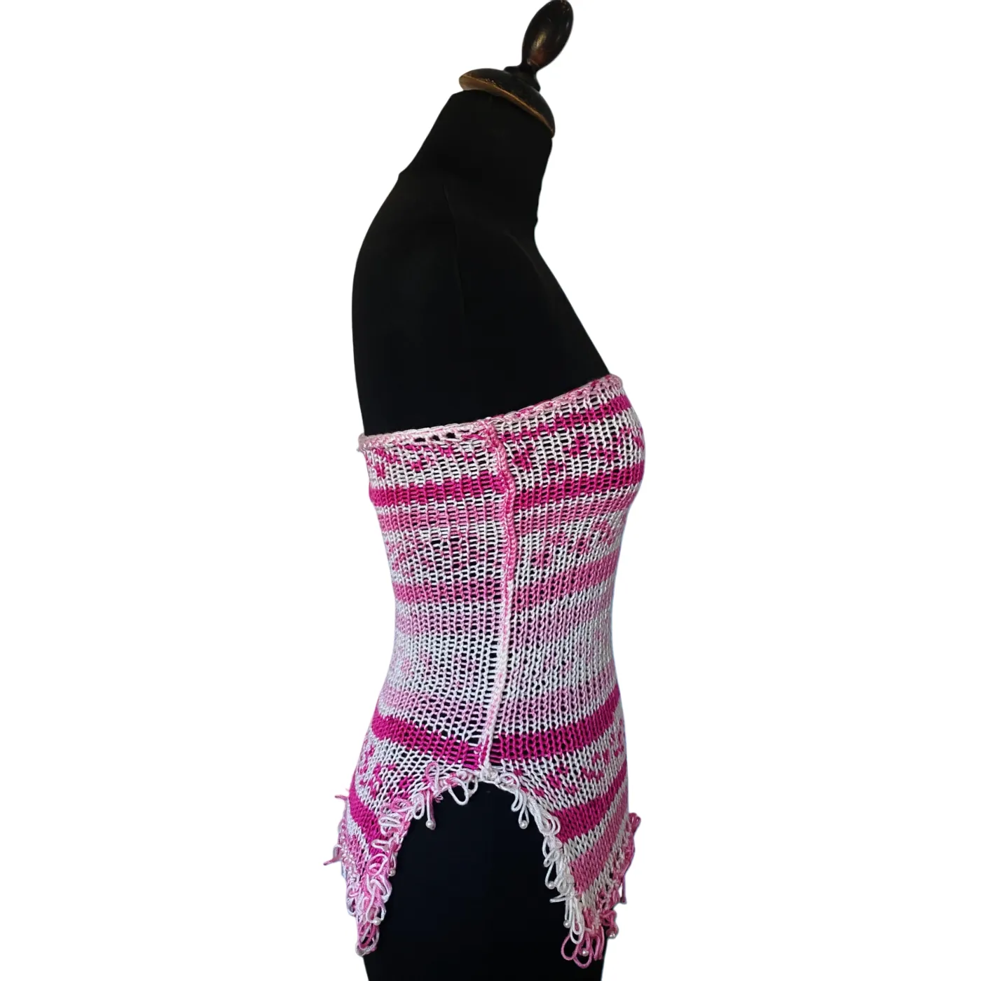 Pink and white knit bandeau top with pearls