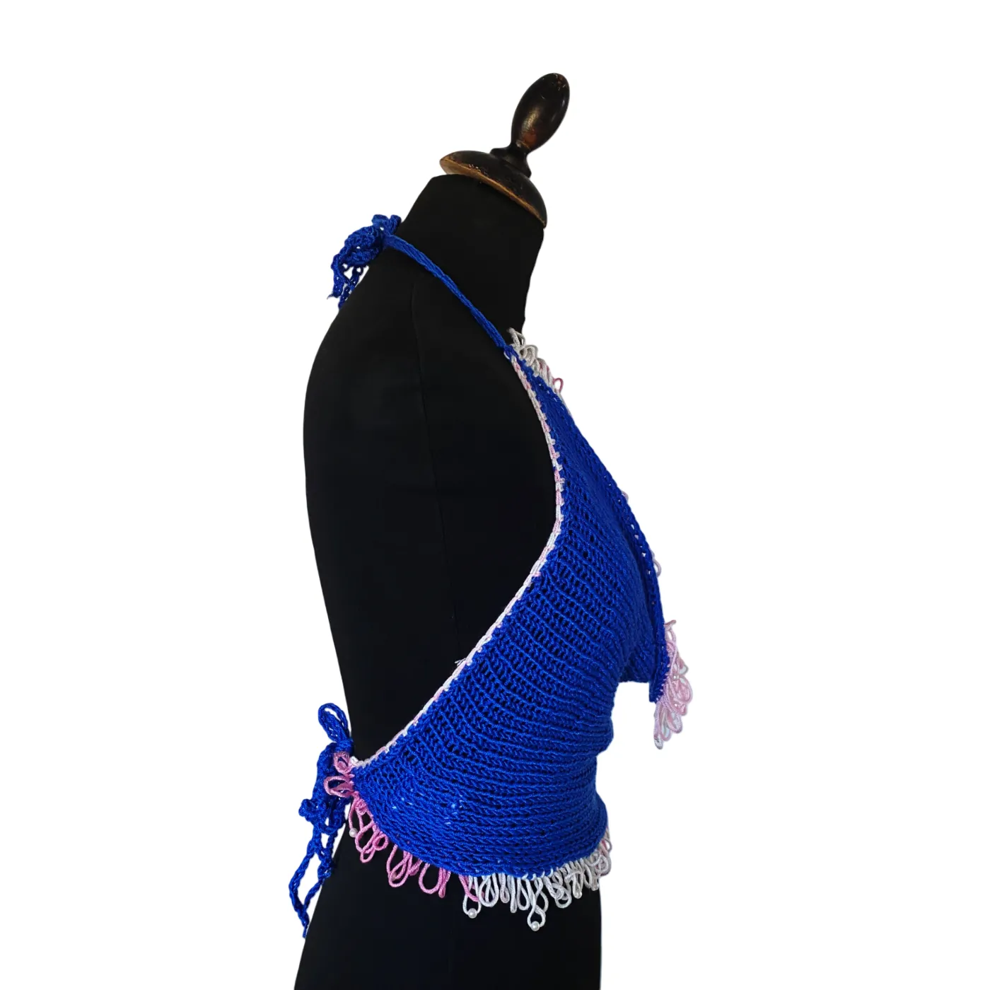 Royal blue cowl neck knit top with pearls