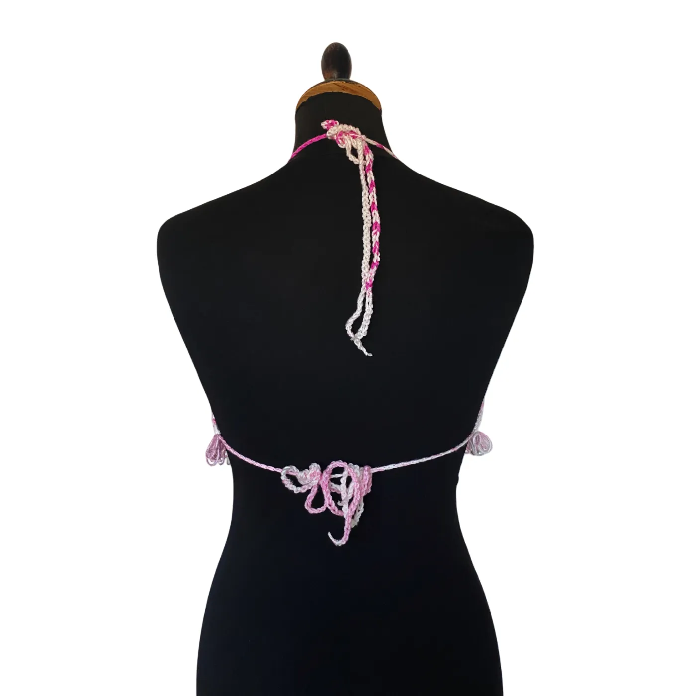 Pink and white crochet fishnet bralet top with pearls