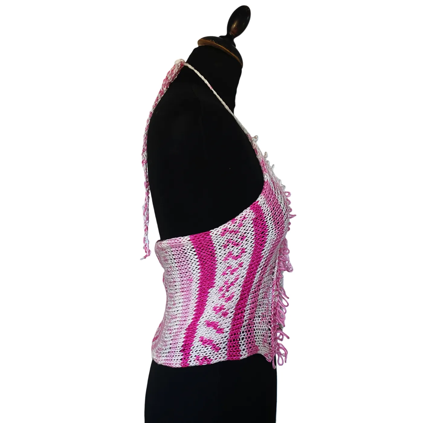 Pink and white knit top with pearls