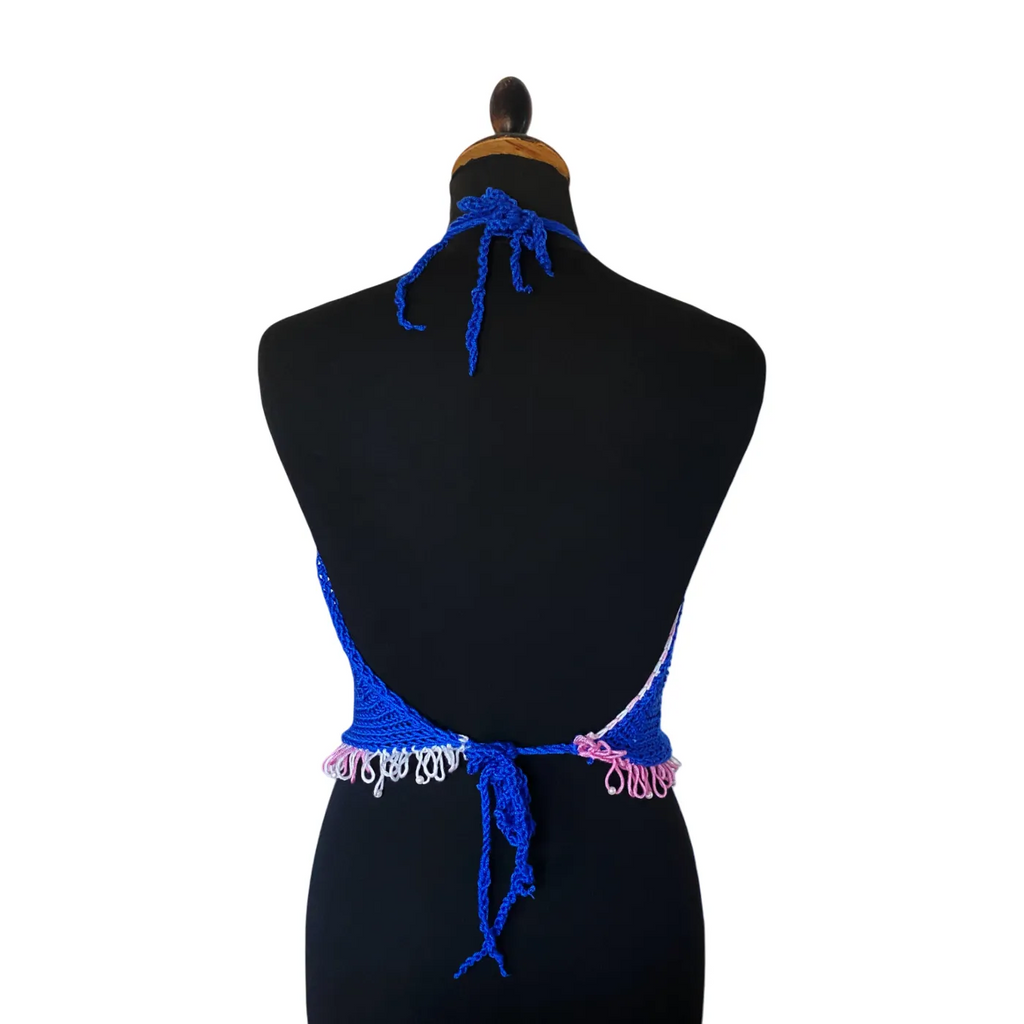 Royal blue cowl neck knit top with pearls