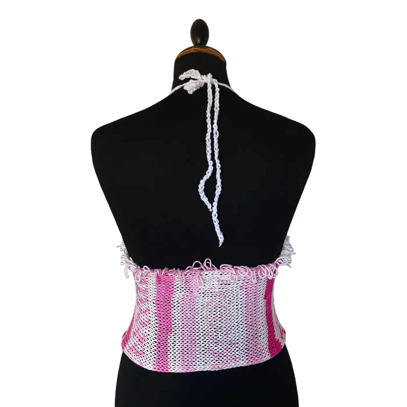 Pink and white knit front tie halterneck top with pearls