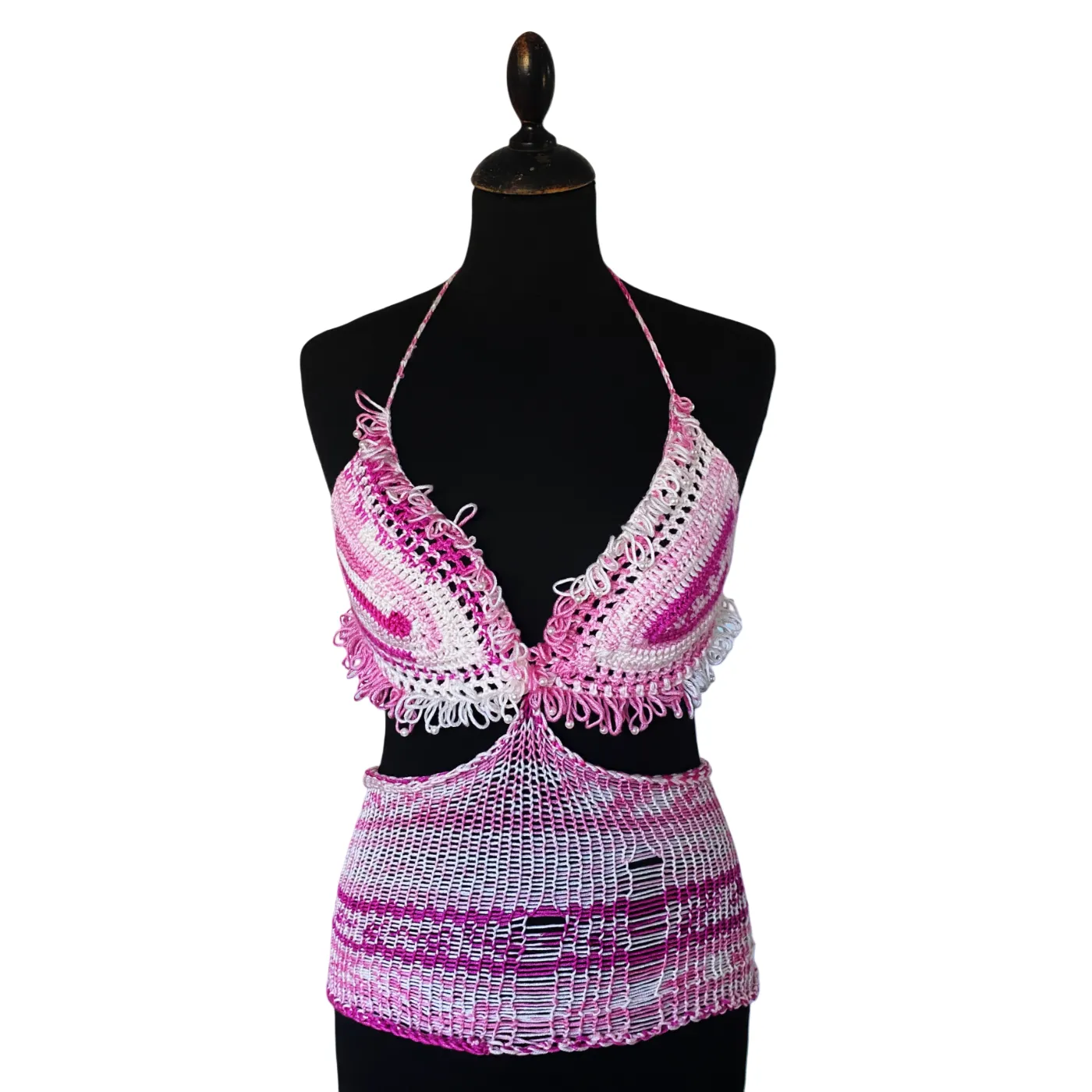 Pink and white crochet fishnet top with pearls