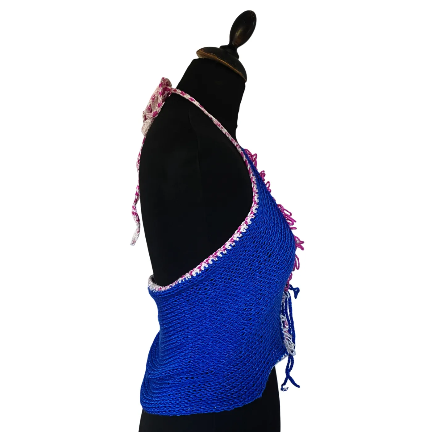 Royal blue halterneck knit top with pearls
