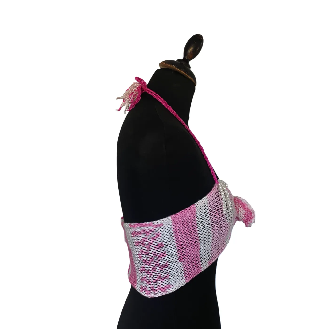 Pink and white knit front tie top with pearls