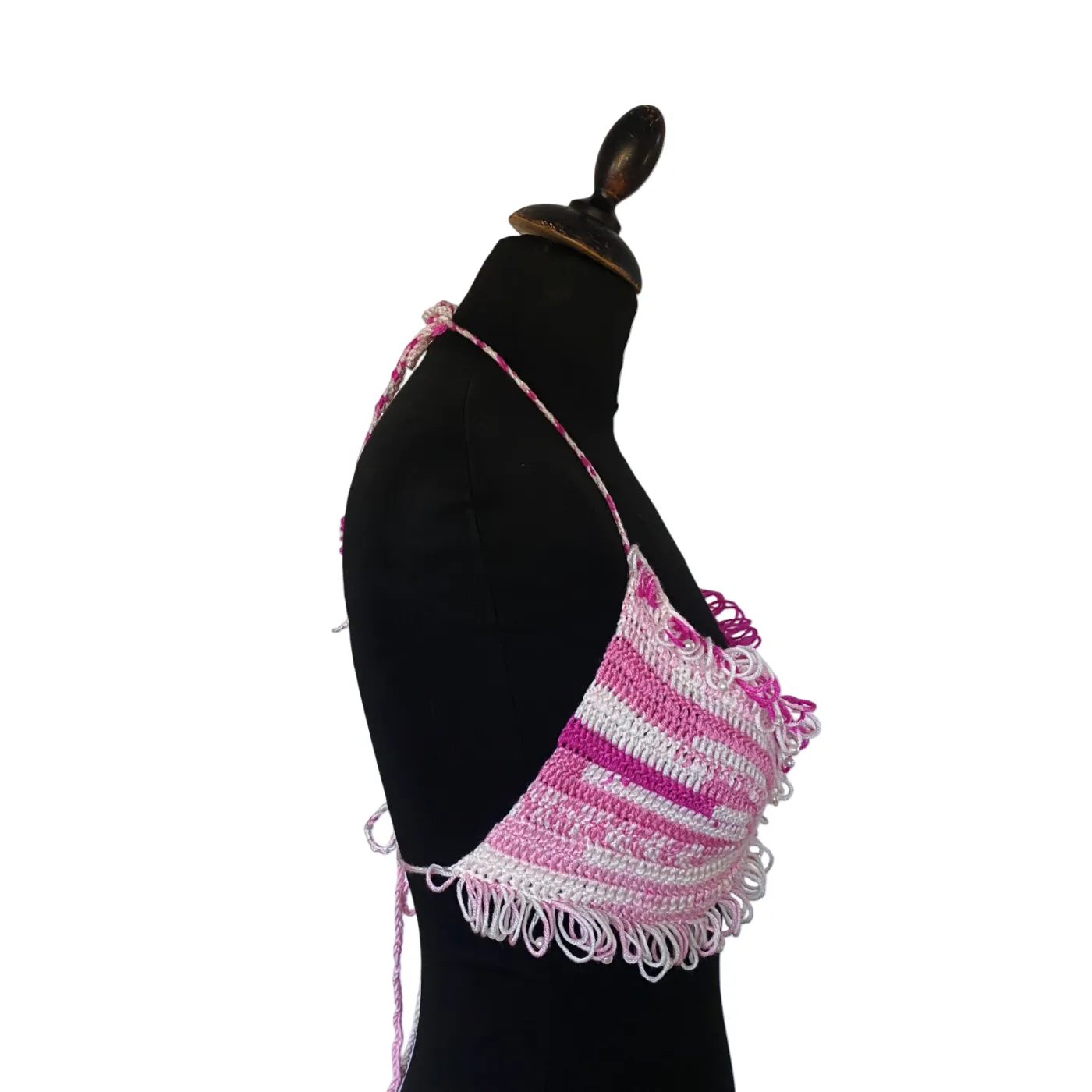Pink and white crochet fishnet bralet top with pearls