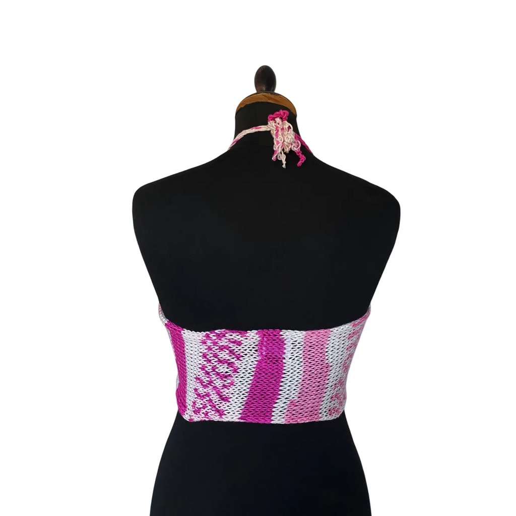 Pink and white knit front tie top with pearls