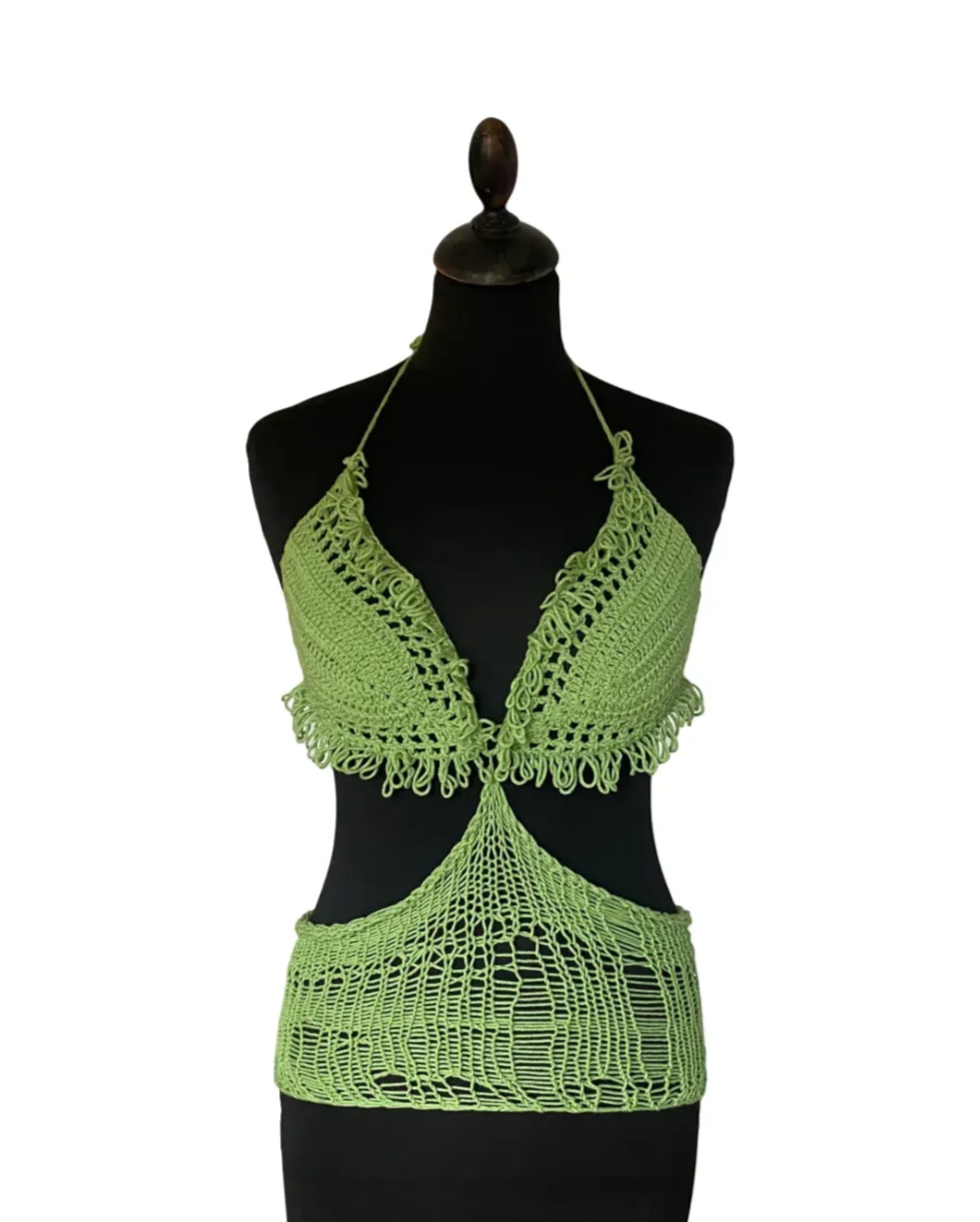 Green crochet fishnet top with loop detail