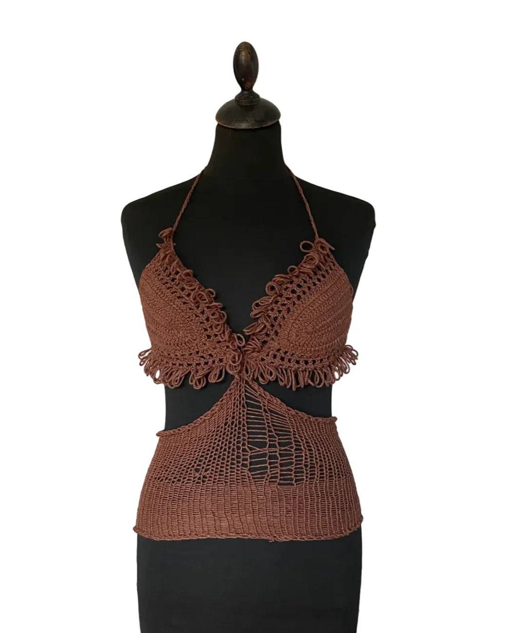 Brown crochet fishnet top with loop detail