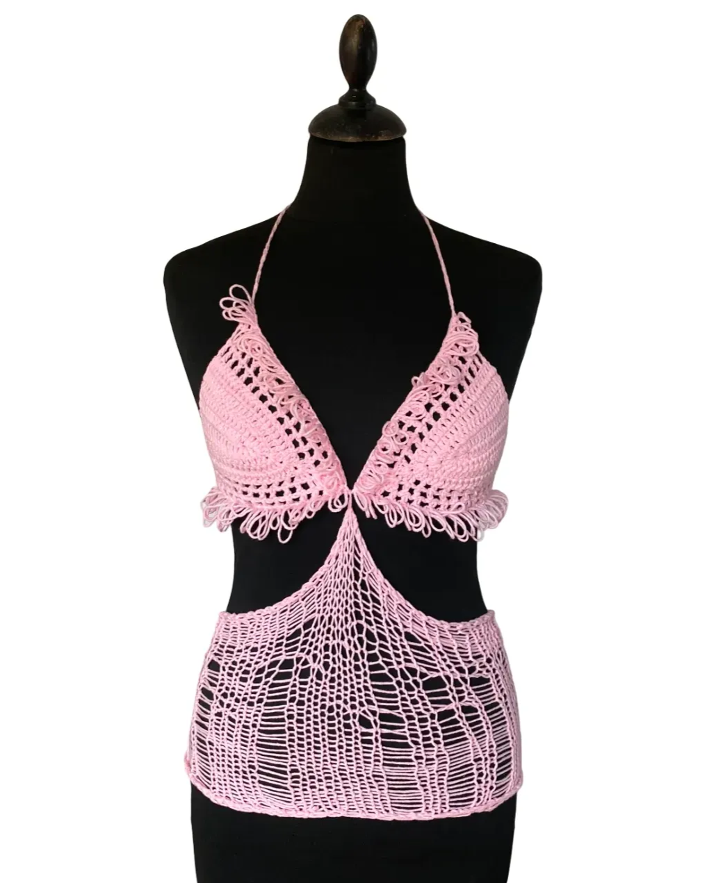 Pink crochet fishnet top with loop detail