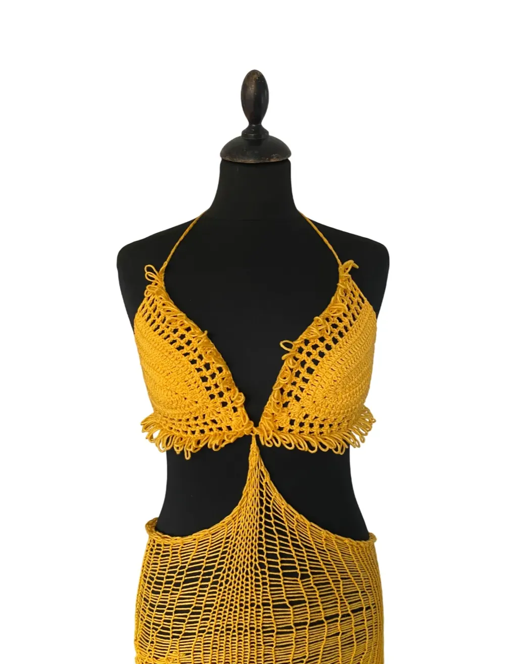 Yellow crochet fishnet dress with loop detail