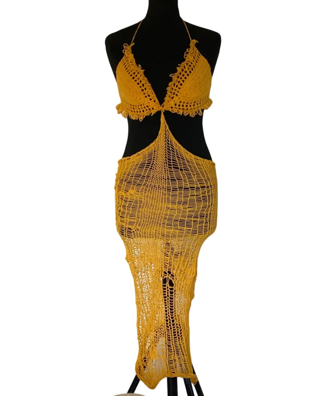Yellow crochet fishnet dress with loop detail