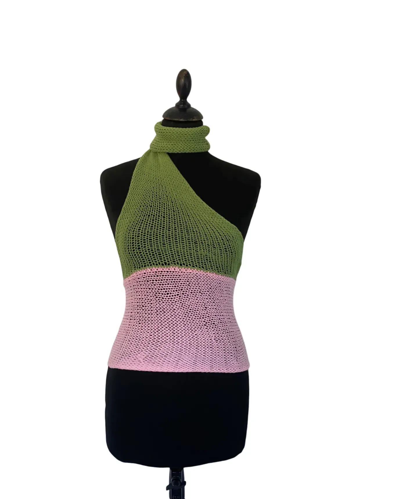 Green and pink one shoulder scarf top