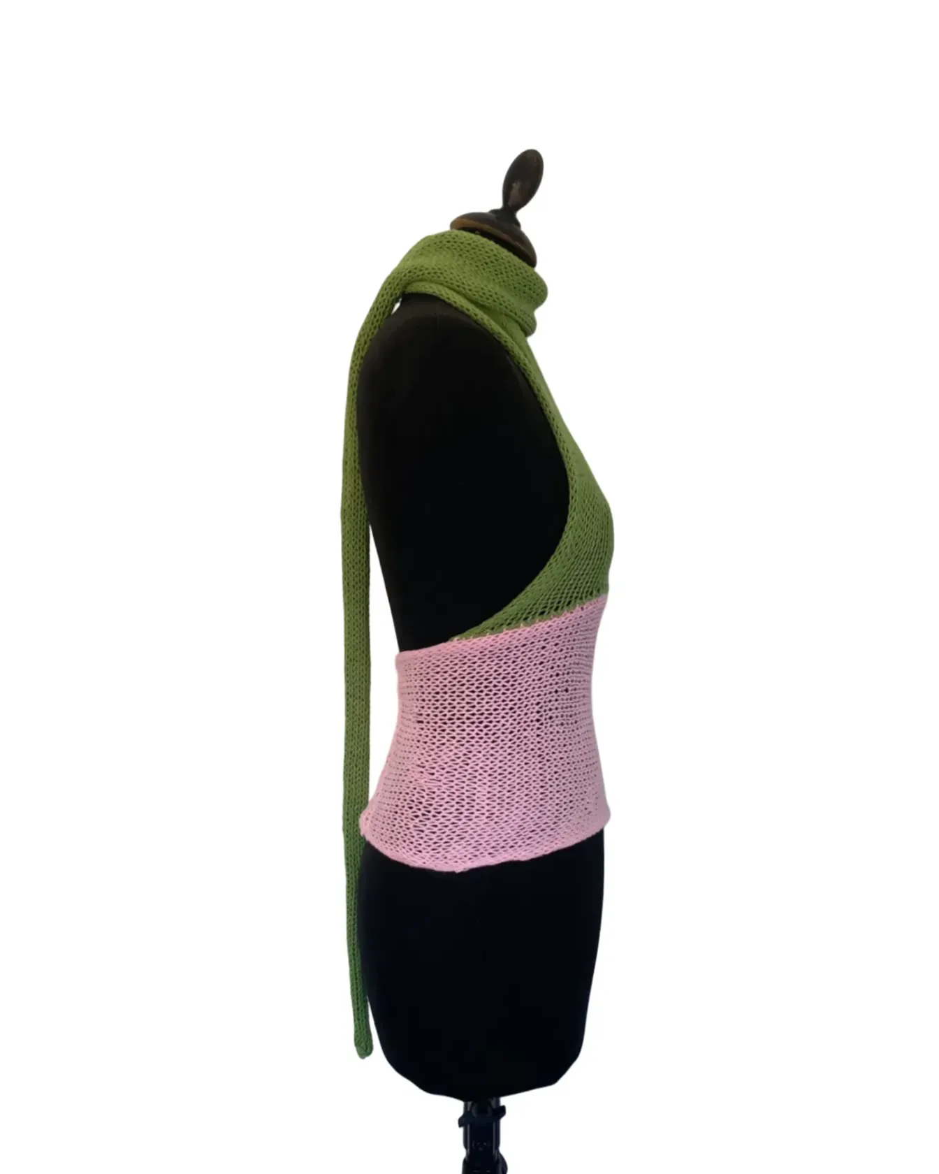 Green and pink one shoulder scarf top